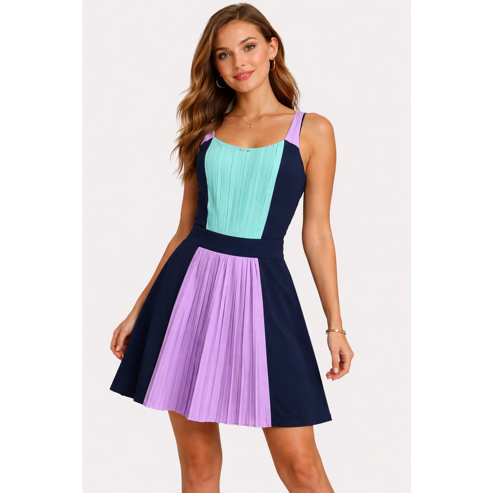 Betsey Johnson Colorblock Pleated Front A-Line Dress Women's Size 8